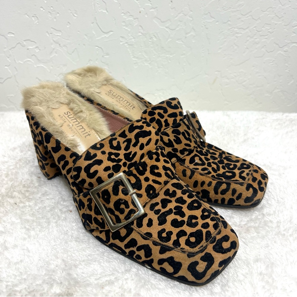 Summit White Mountain Suede Leopard Print Mules Buckle Accent Faux Fur Size 9.5 - Picture 8 of 16